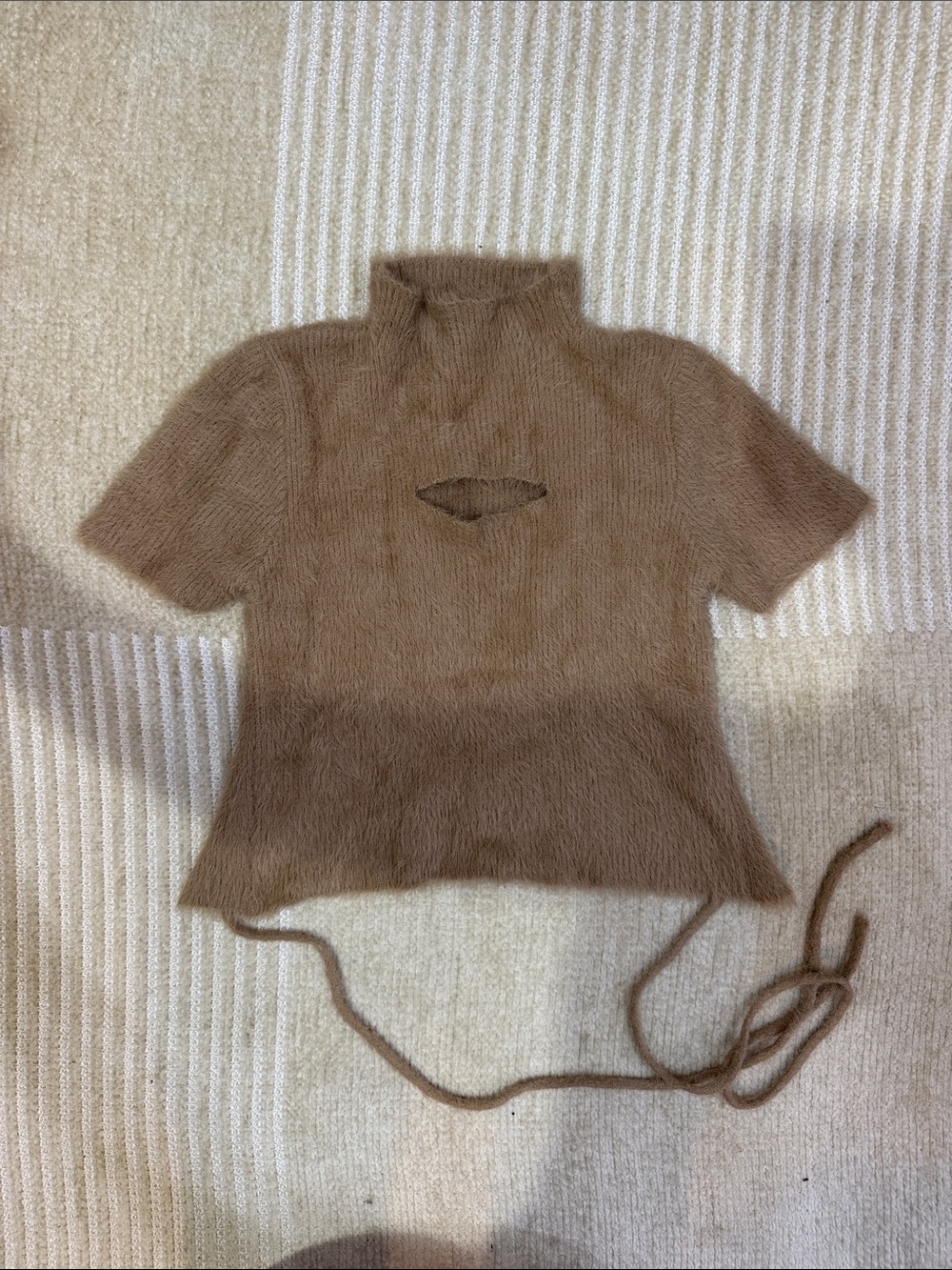 Fuzzy Short-Sleeve Mock Neck Top in Camel